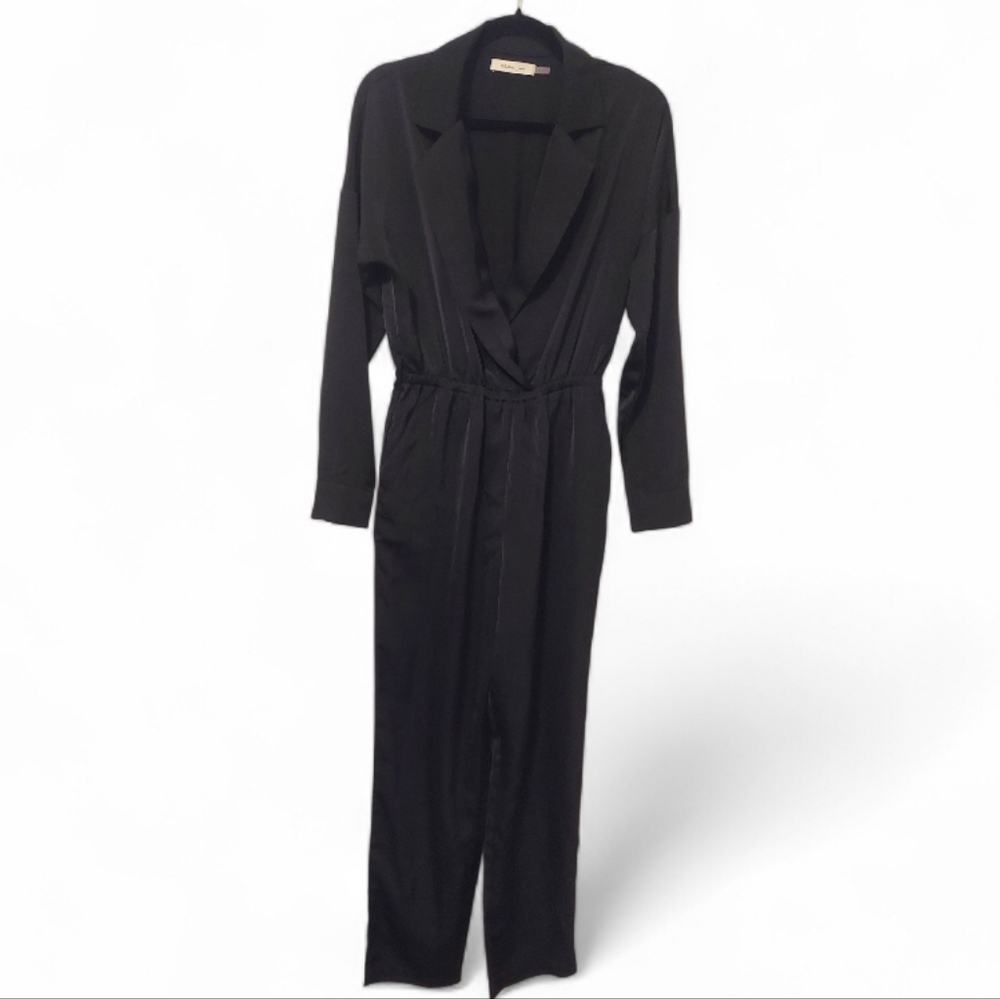 Mustard Seed Long Sleeve V-Neck Black Jumpsuit Belted Waistline Size Small
